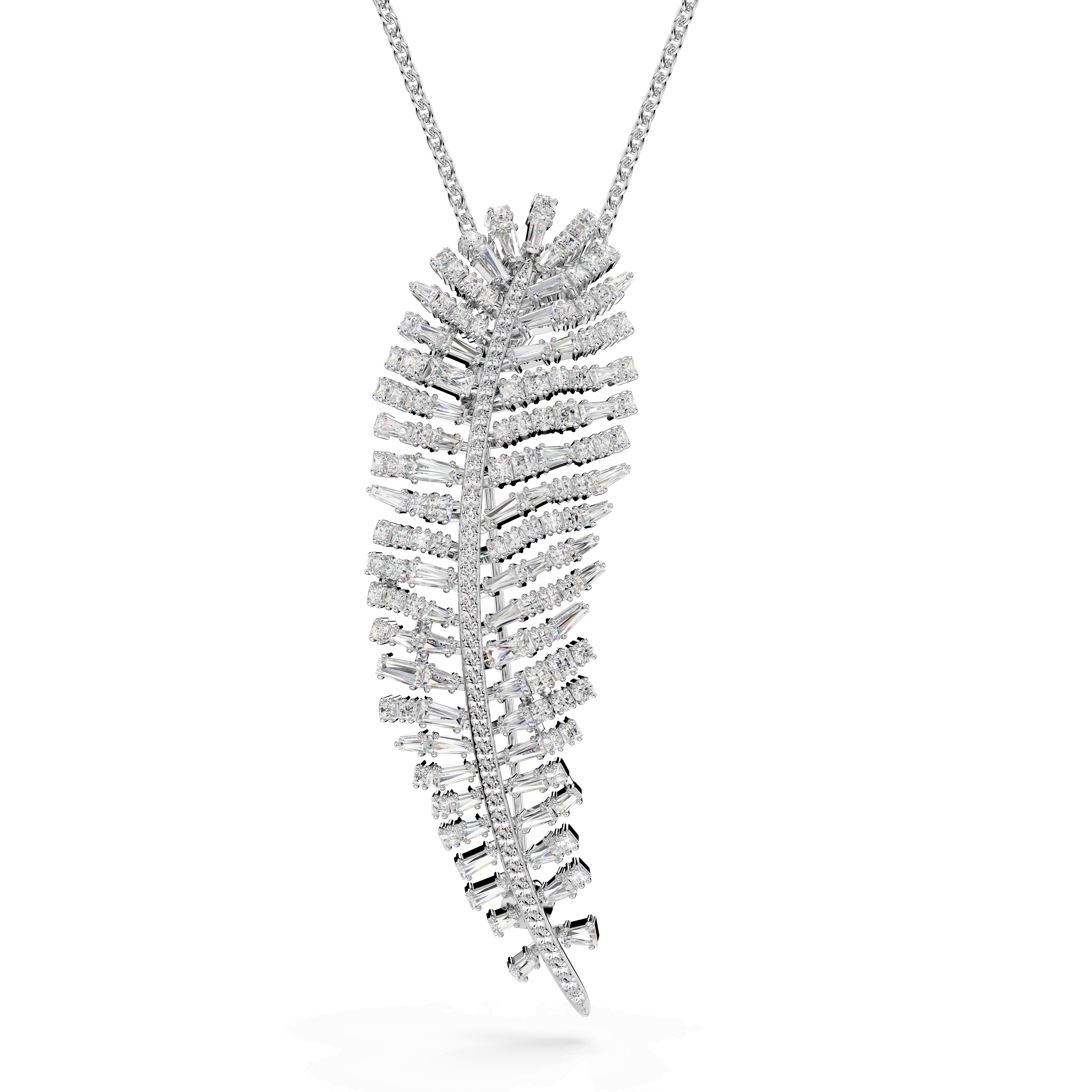 Swarovski Vienna pendant and brooch, Mixed cuts, Feather, White, Rhodium plated — article 5749209