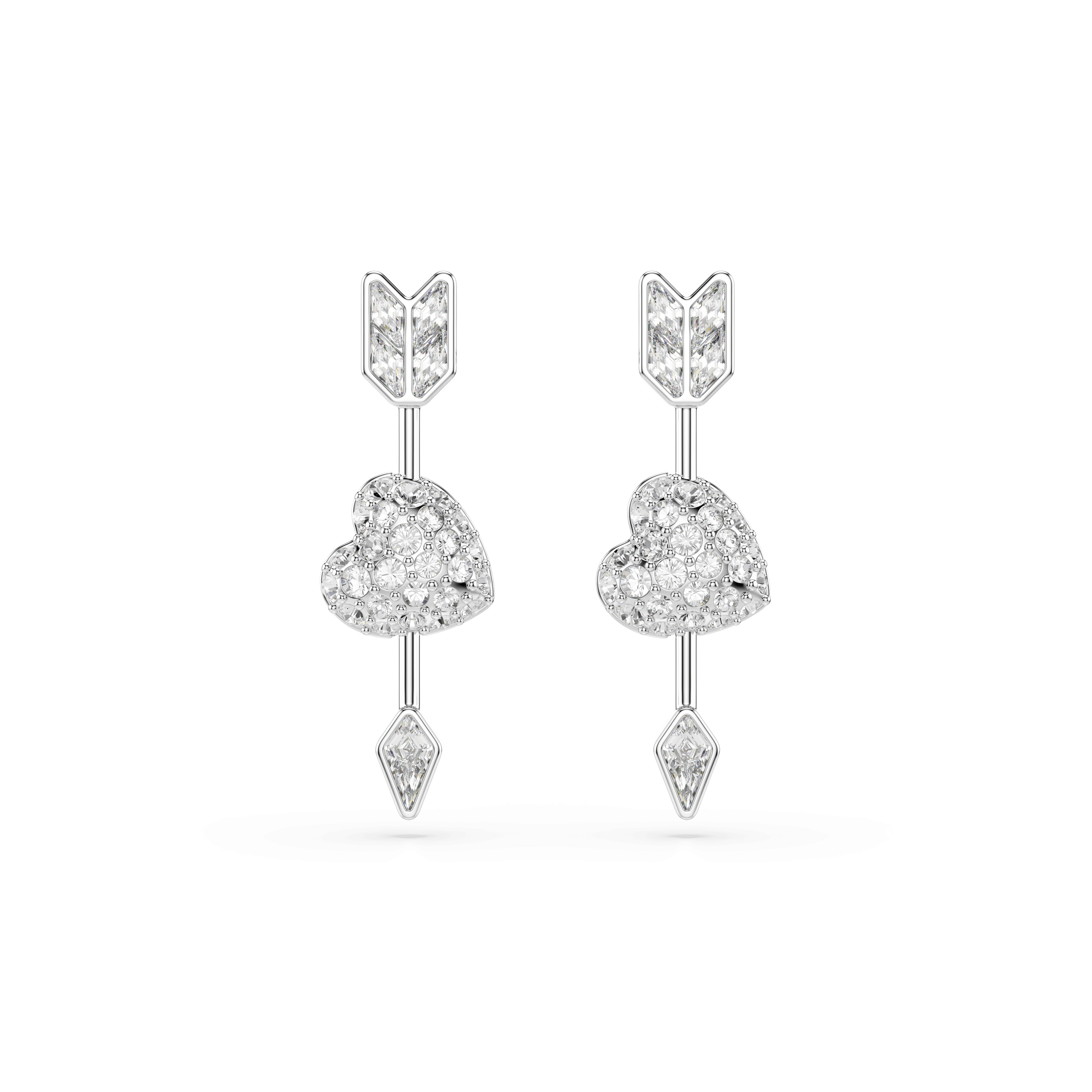 Swarovski Idyllia drop earrings, Mixed cuts, Heart with arrow, White, Rhodium plated — article 5749602
