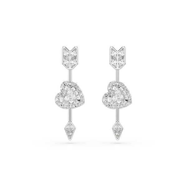 Idyllia drop earrings, Mixed cuts, Heart with arrow, White, Rhodium plated — article 5749602