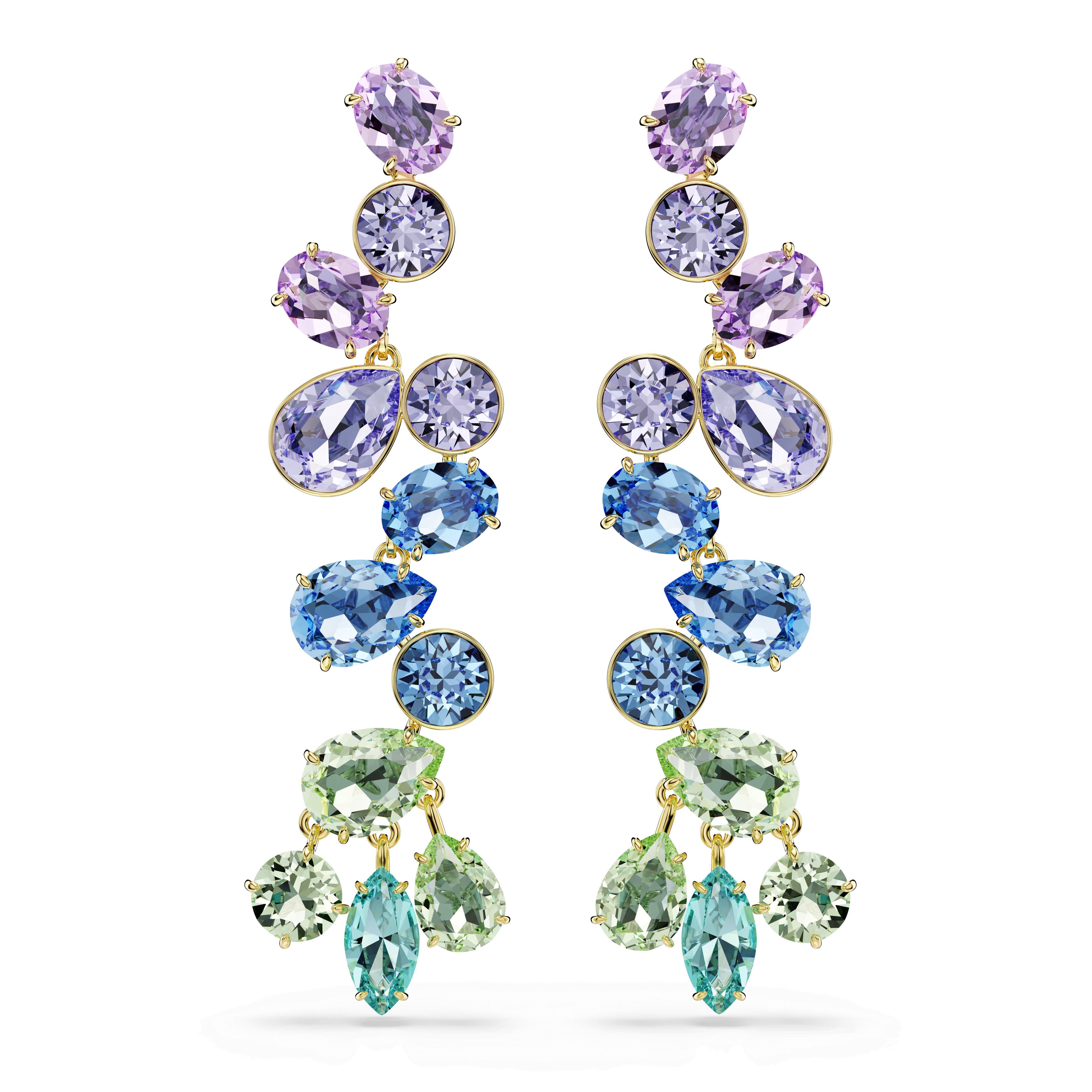 Swarovski Gema drop earrings, Mixed cuts, Chandelier, Long, Multicolored, 18K gold finish — article 5751294