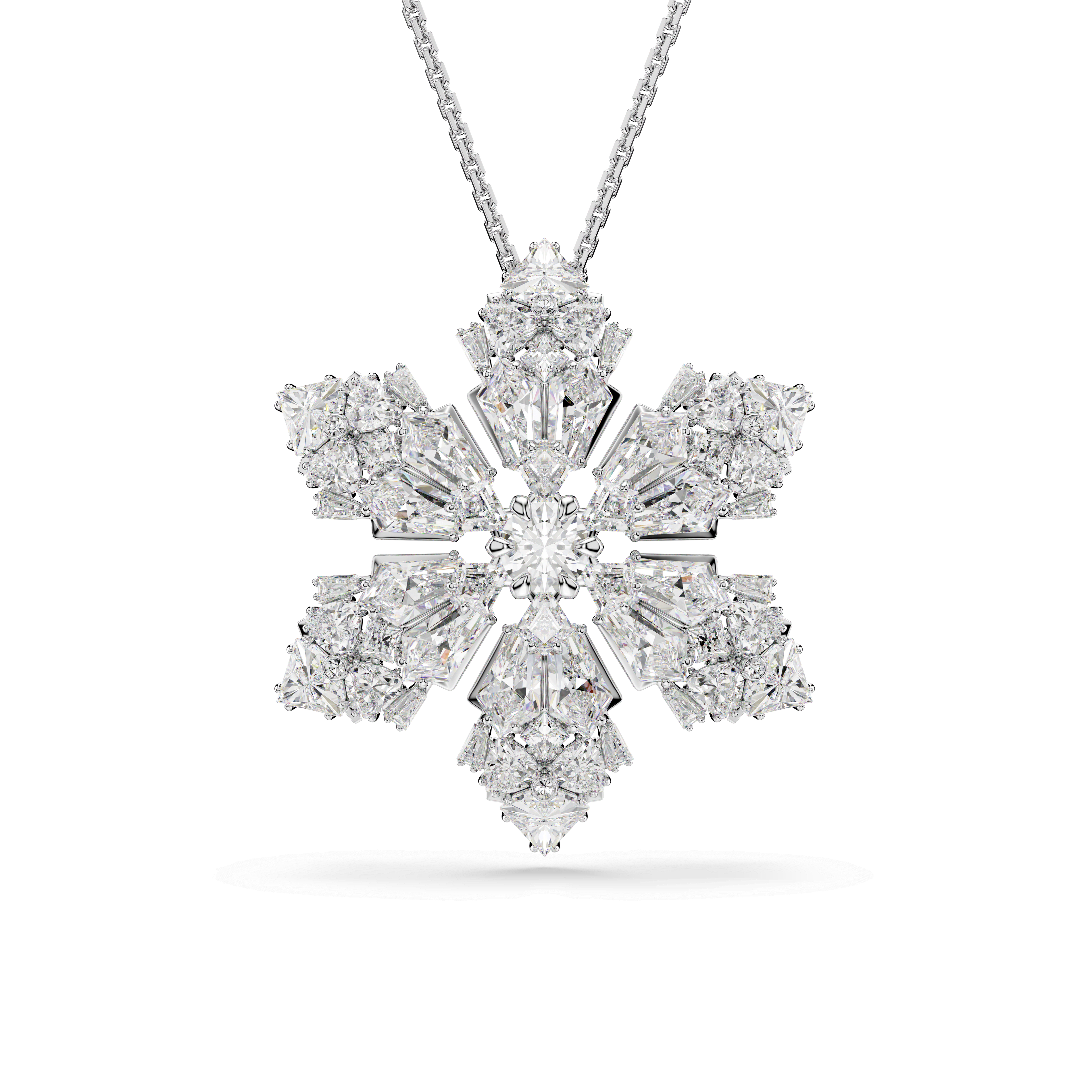 Swarovski Idyllia pendant and brooch, Mixed cuts, Snowflake, White, Rhodium plated — article 5754685