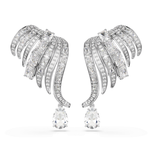 Vienna clip earrings, Mixed cuts, Swan, White, Rhodium plated — article 5755961