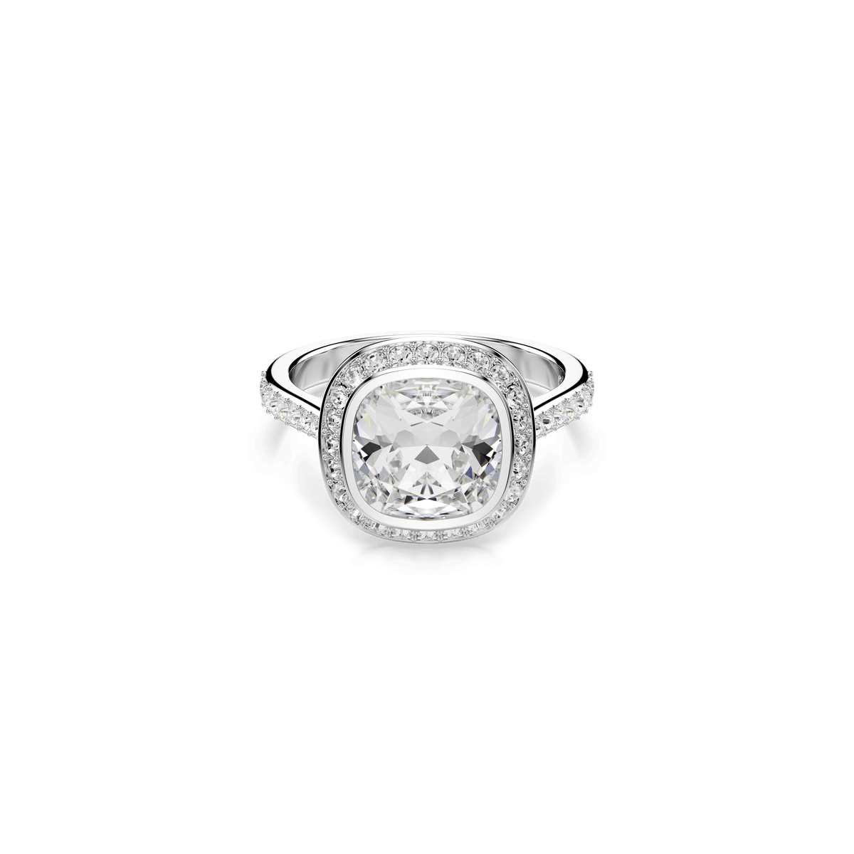 Una Angelic halo ring, Cushion cut, White, Rhodium plated