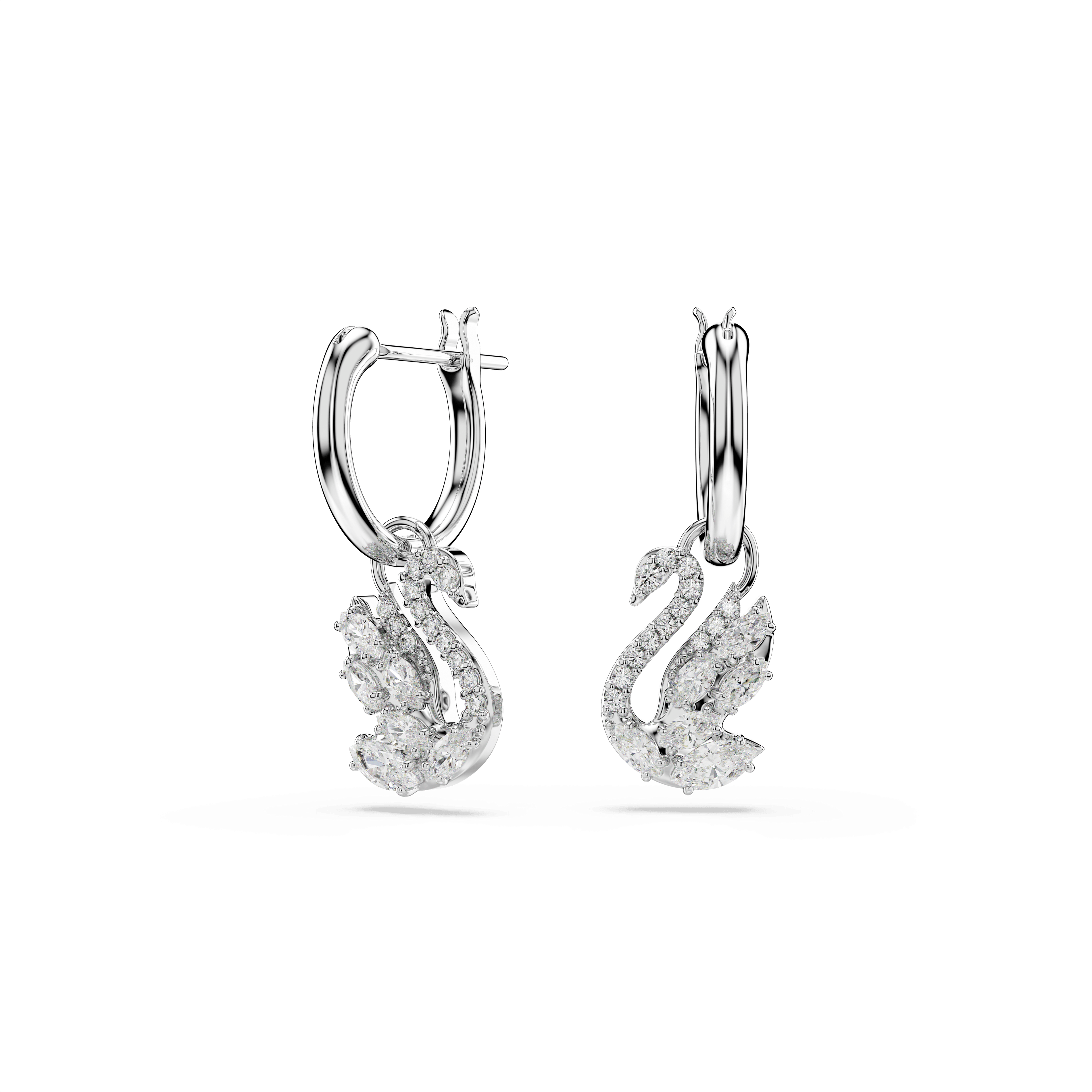 Swarovski Swan drop earrings, Mixed cuts, Swan, White, Rhodium plated — article 5759942