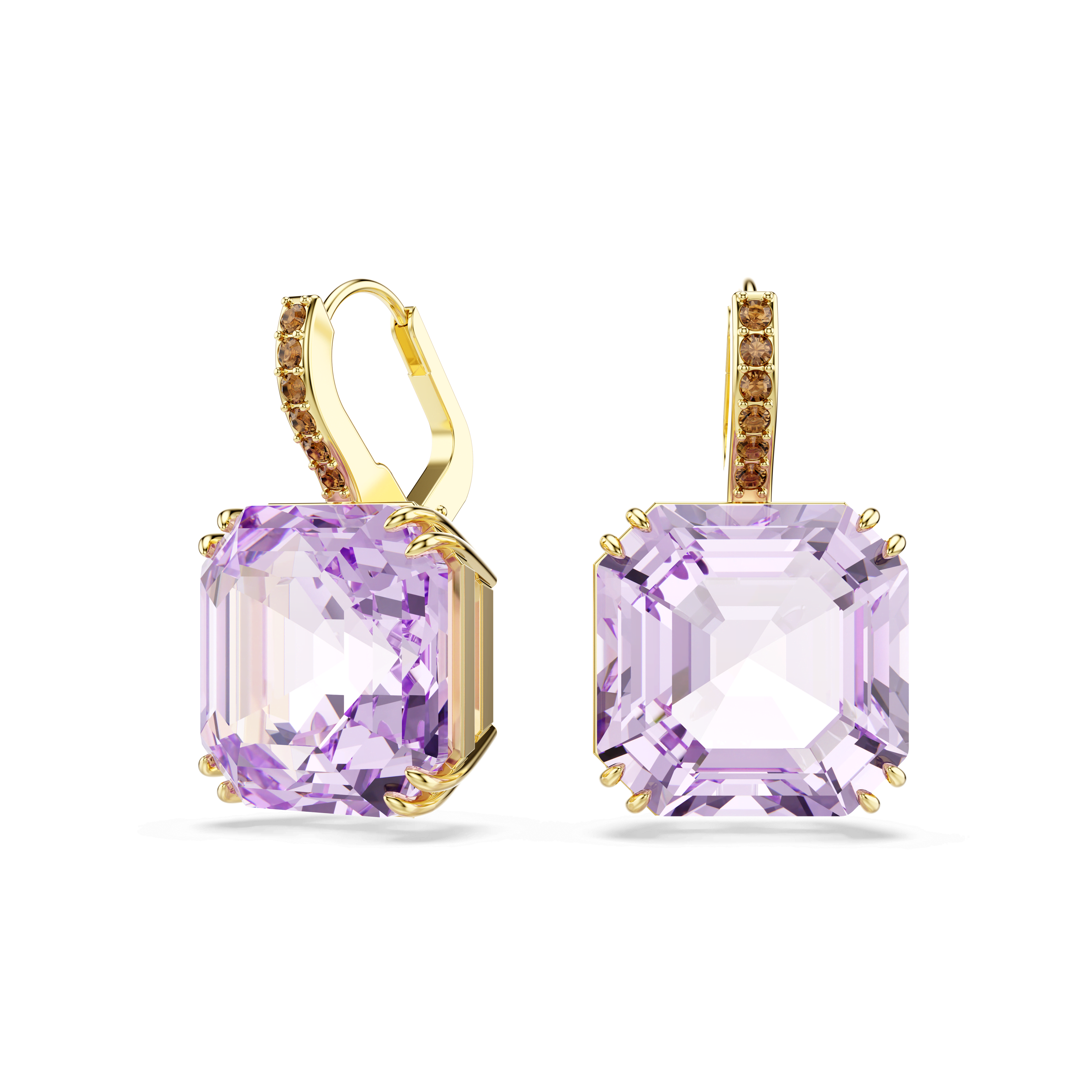 Swarovski Millenia drop earrings, Square cut, Purple, 18K gold finish — article 5759990