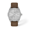 Silver dial · Brown strap
