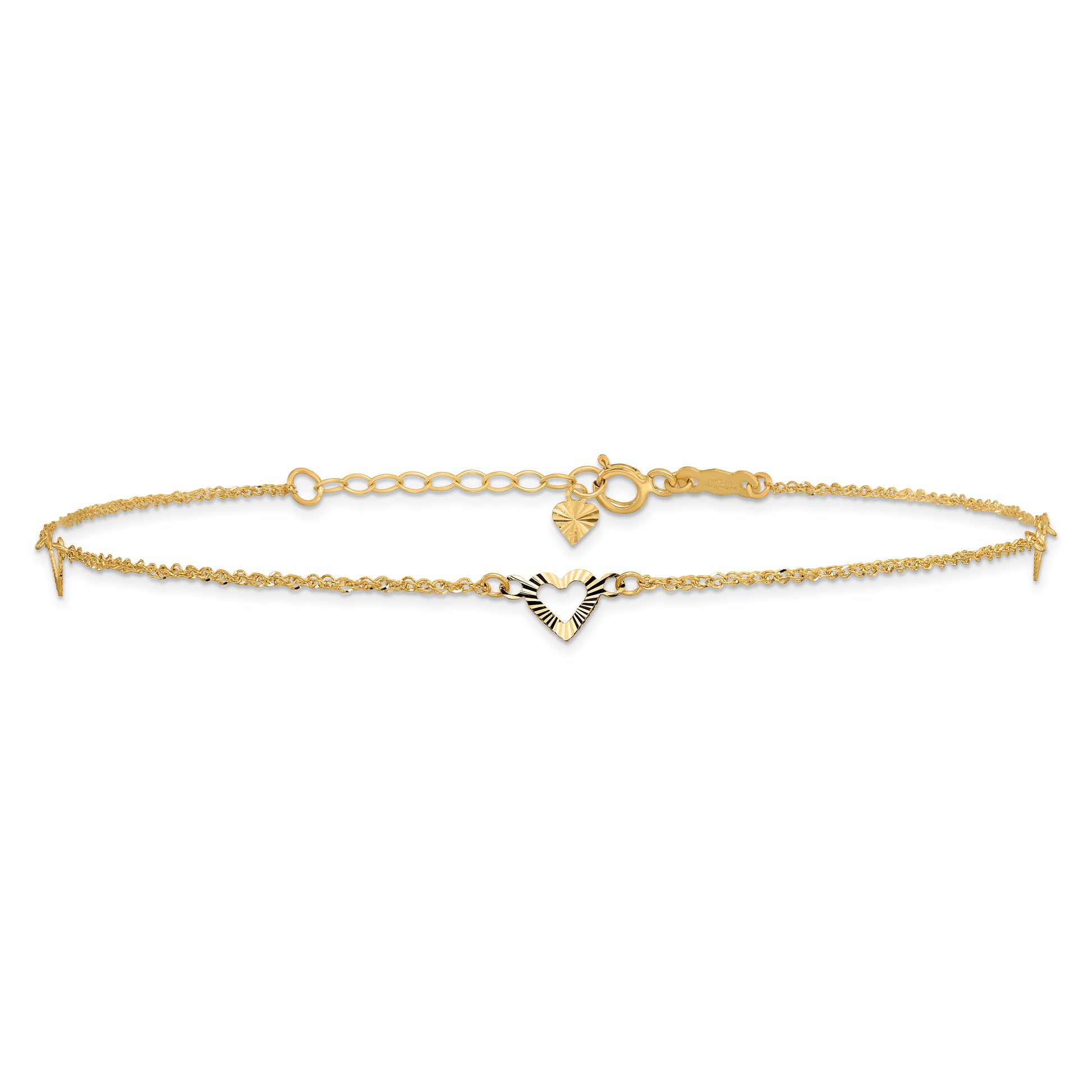 14k Diamond-cut Hearts 10in Plus 1in ext Anklet