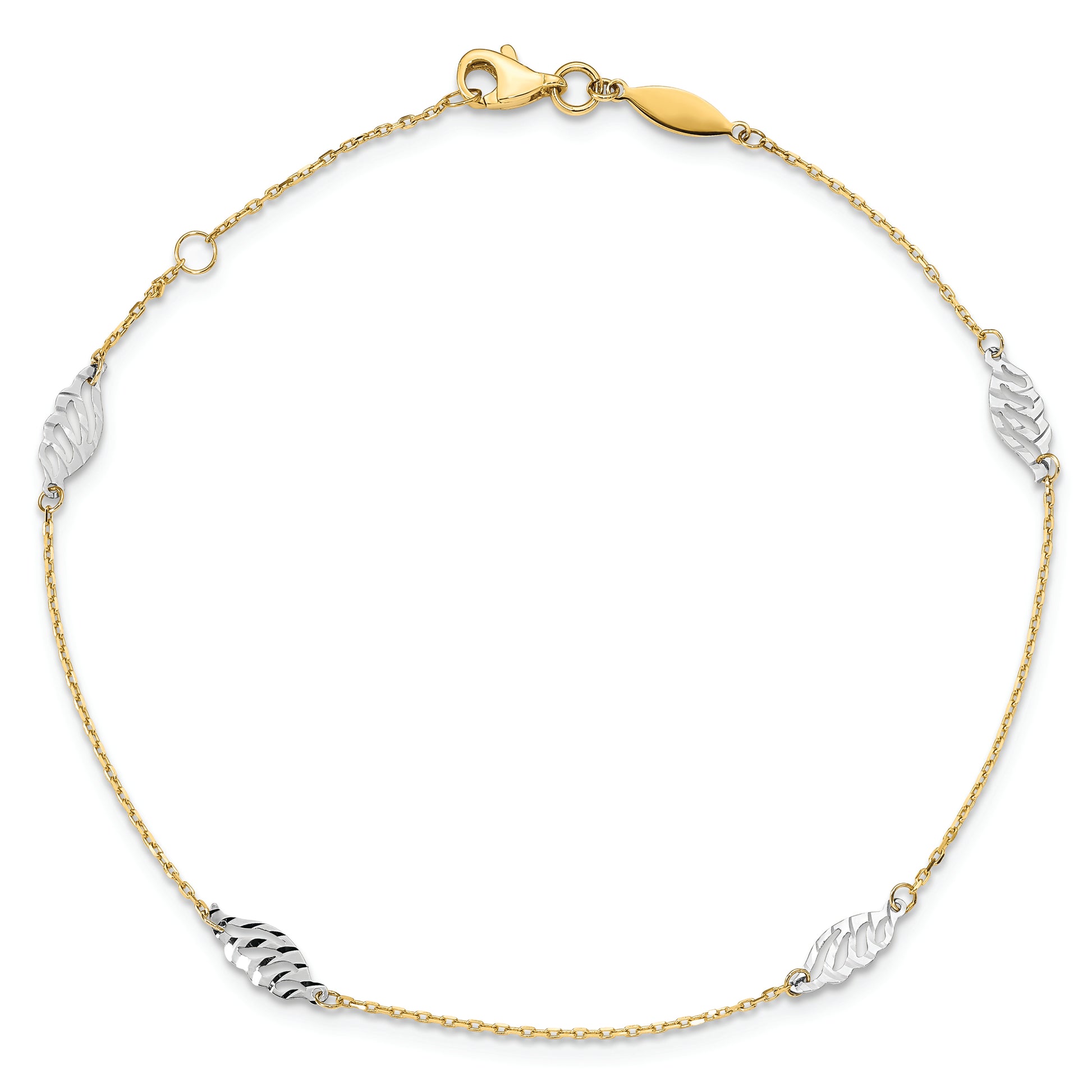 14K Two-Tone Diamond-cut Polished Leaf 9in Plus 1in ext. Anklet