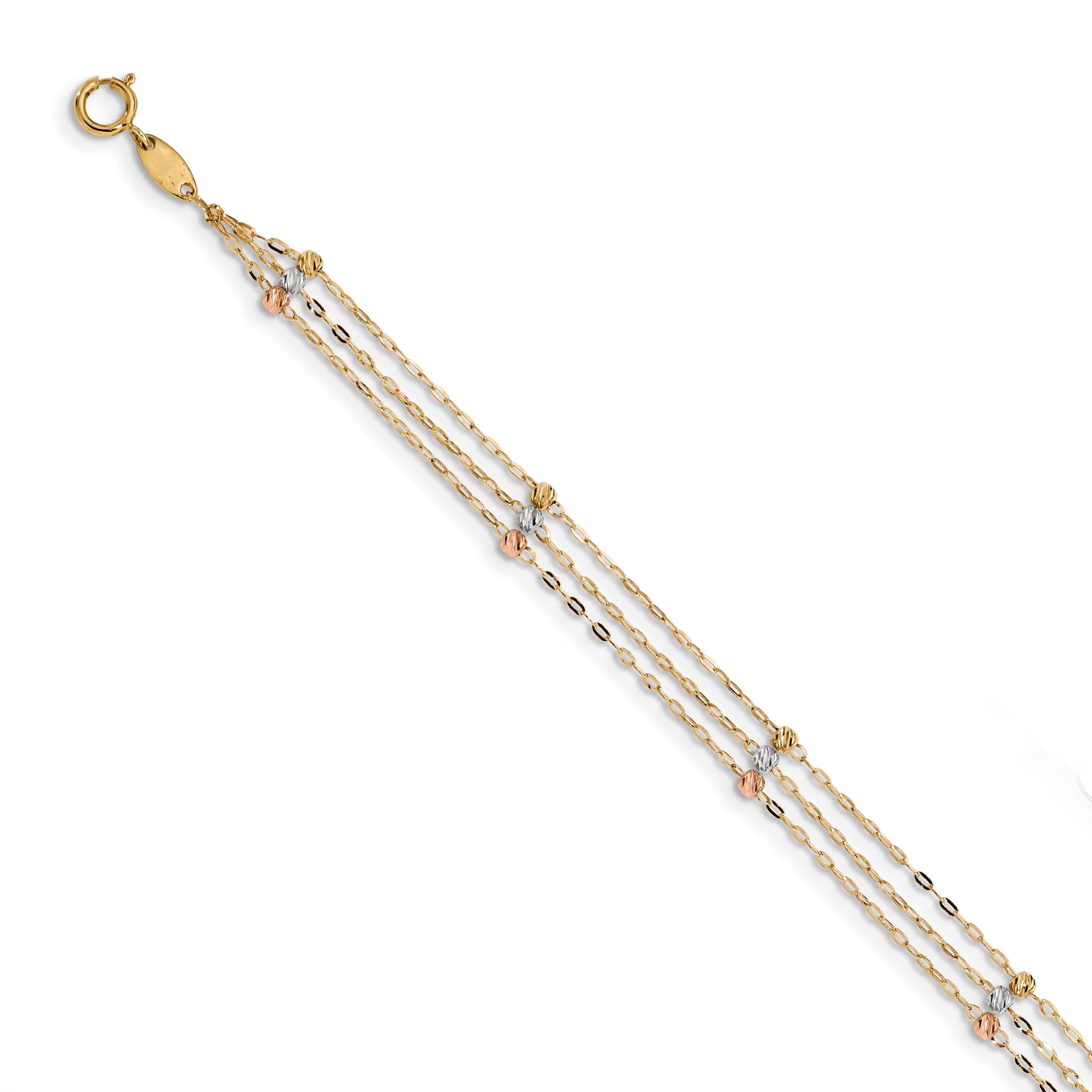 14k Tri-color 3-Strand Diamond-cut Beaded 9in Plus 1in ext Anklet