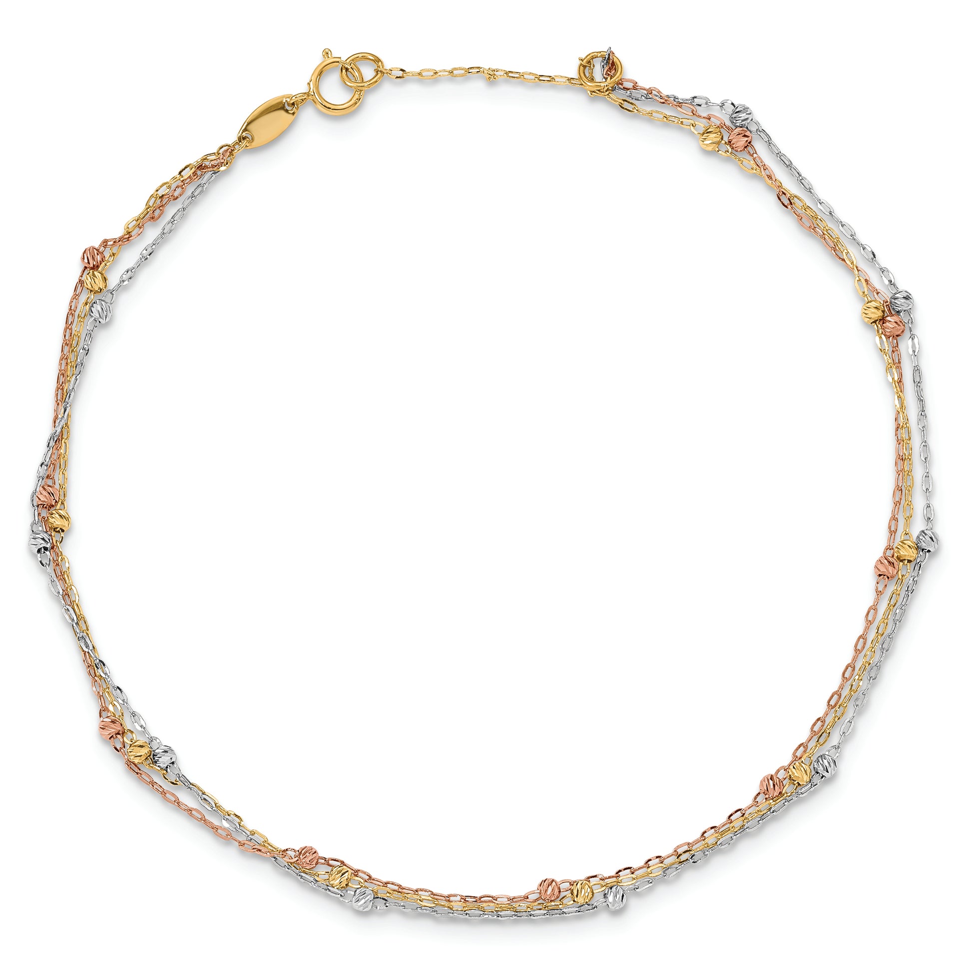 14k Tri-color 3-Strand Diamond-cut Beaded 9in Plus 1in ext Anklet