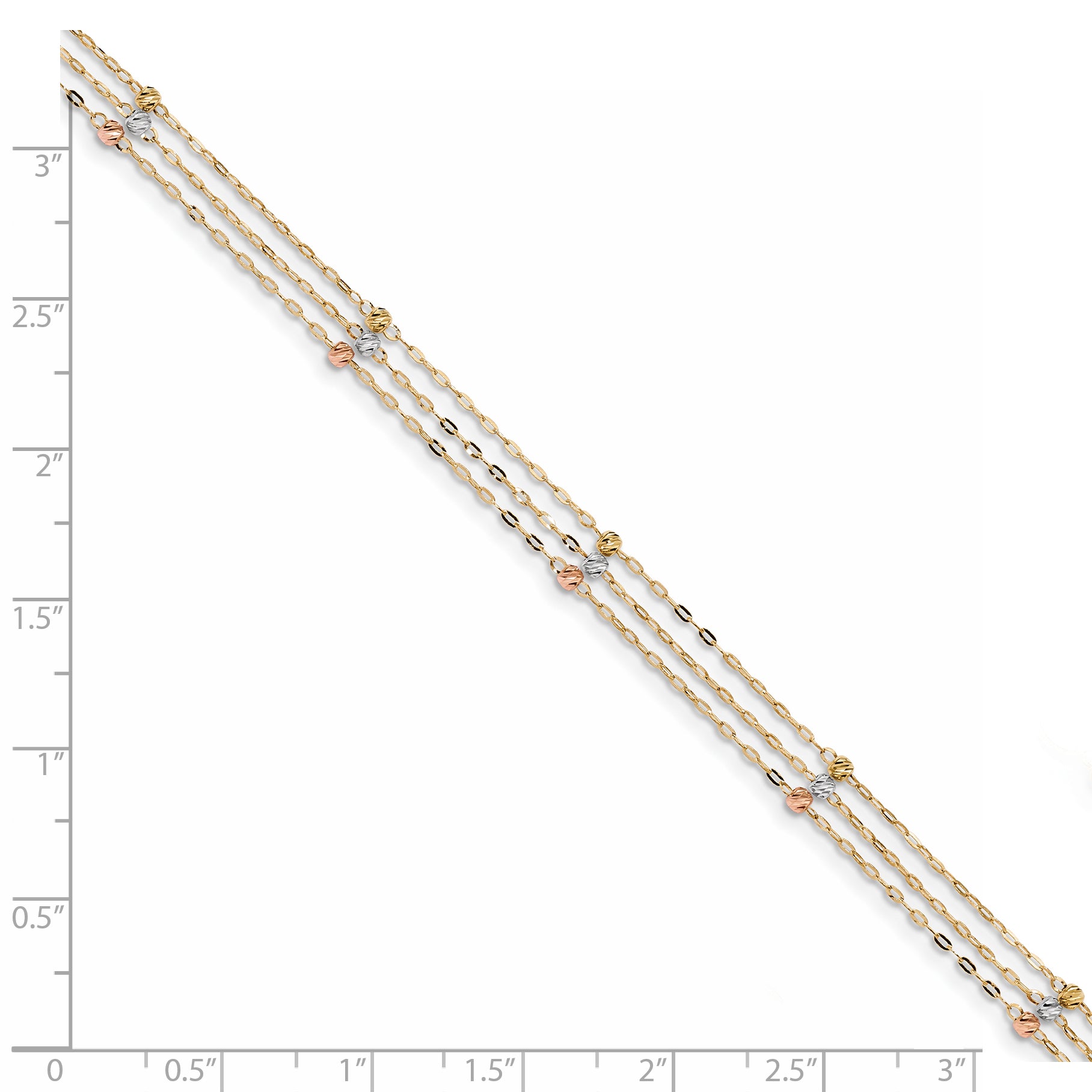 14k Tri-color 3-Strand Diamond-cut Beaded 9in Plus 1in ext Anklet