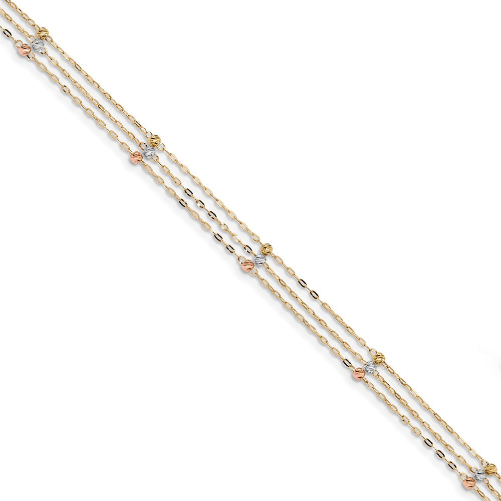 14k Tri-color 3-Strand Diamond-cut Beaded 9in Plus 1in ext Anklet
