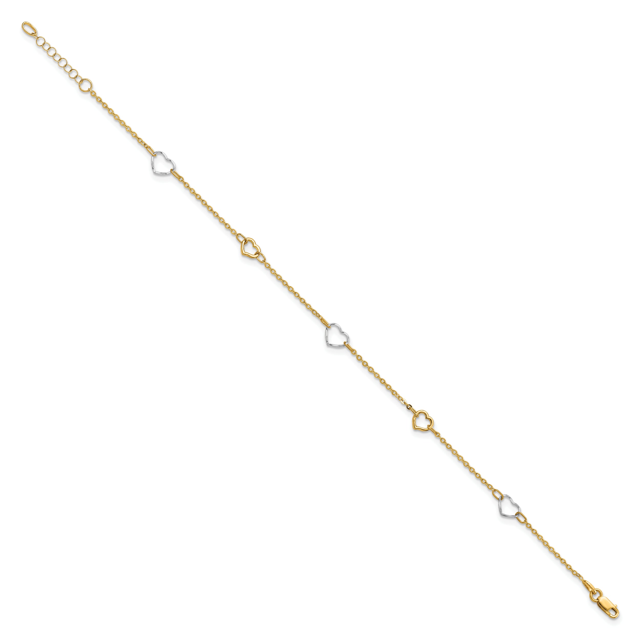 14K Two-tone Polished Heart 9in Plus 1in ext Anklet