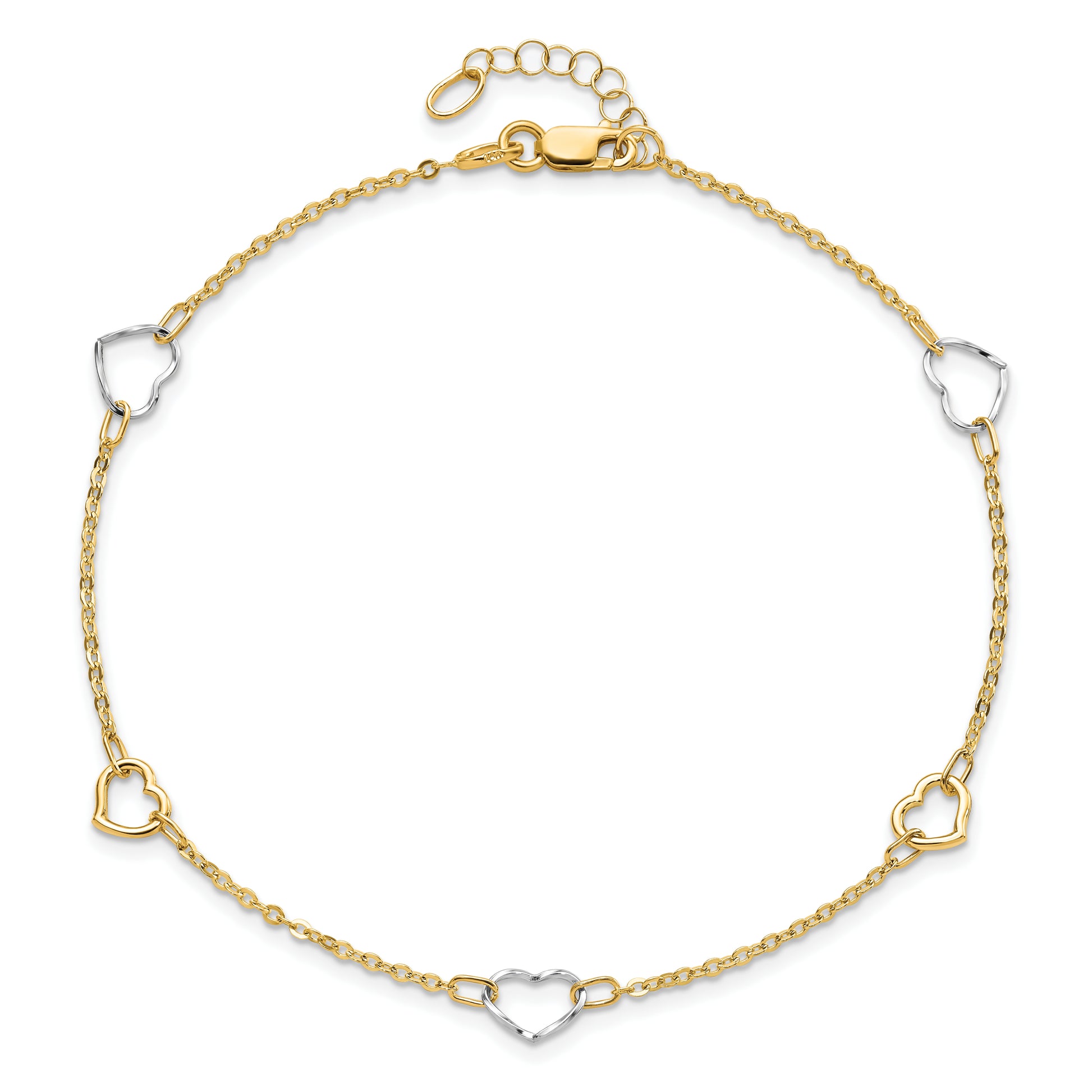 14K Two-tone Polished Heart 9in Plus 1in ext Anklet