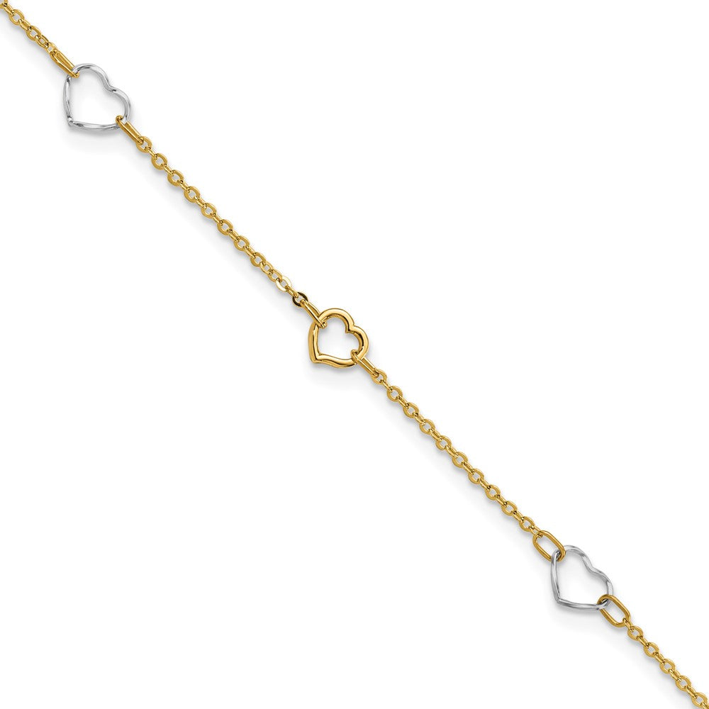 14K Two-tone Polished Heart 9in Plus 1in ext Anklet