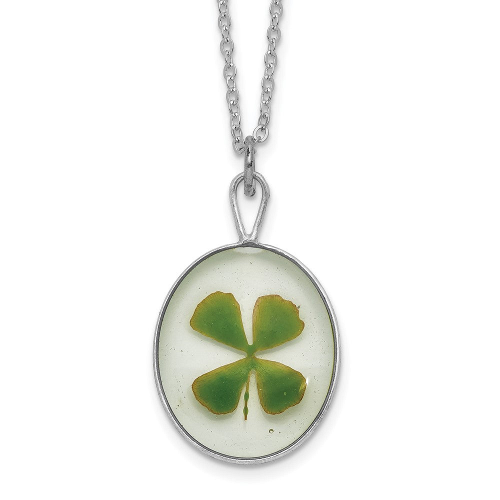 Silver Trim Four Leaf Clover Oval 20 inch Silver-plated Chain Necklace
