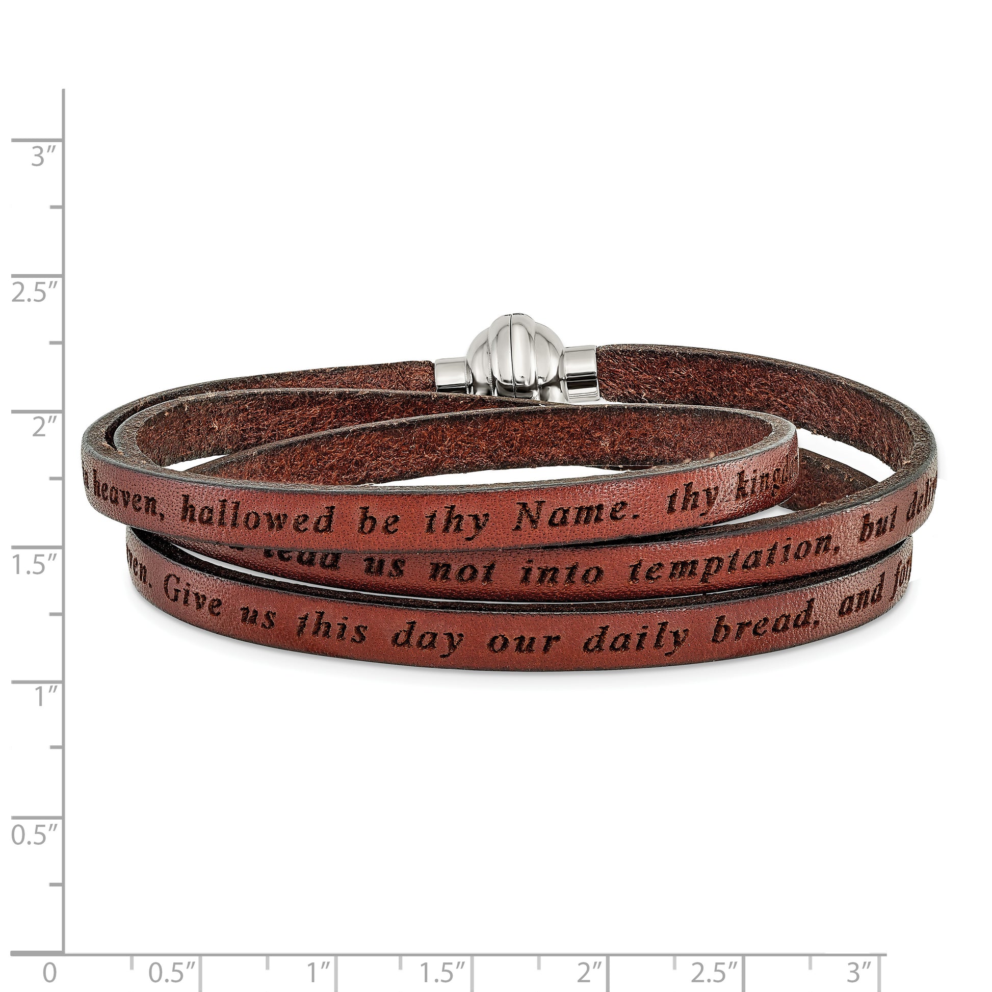 Stainless Steel Lord's Prayer Brown Leather Wrap 23.5 Inch Bracelet