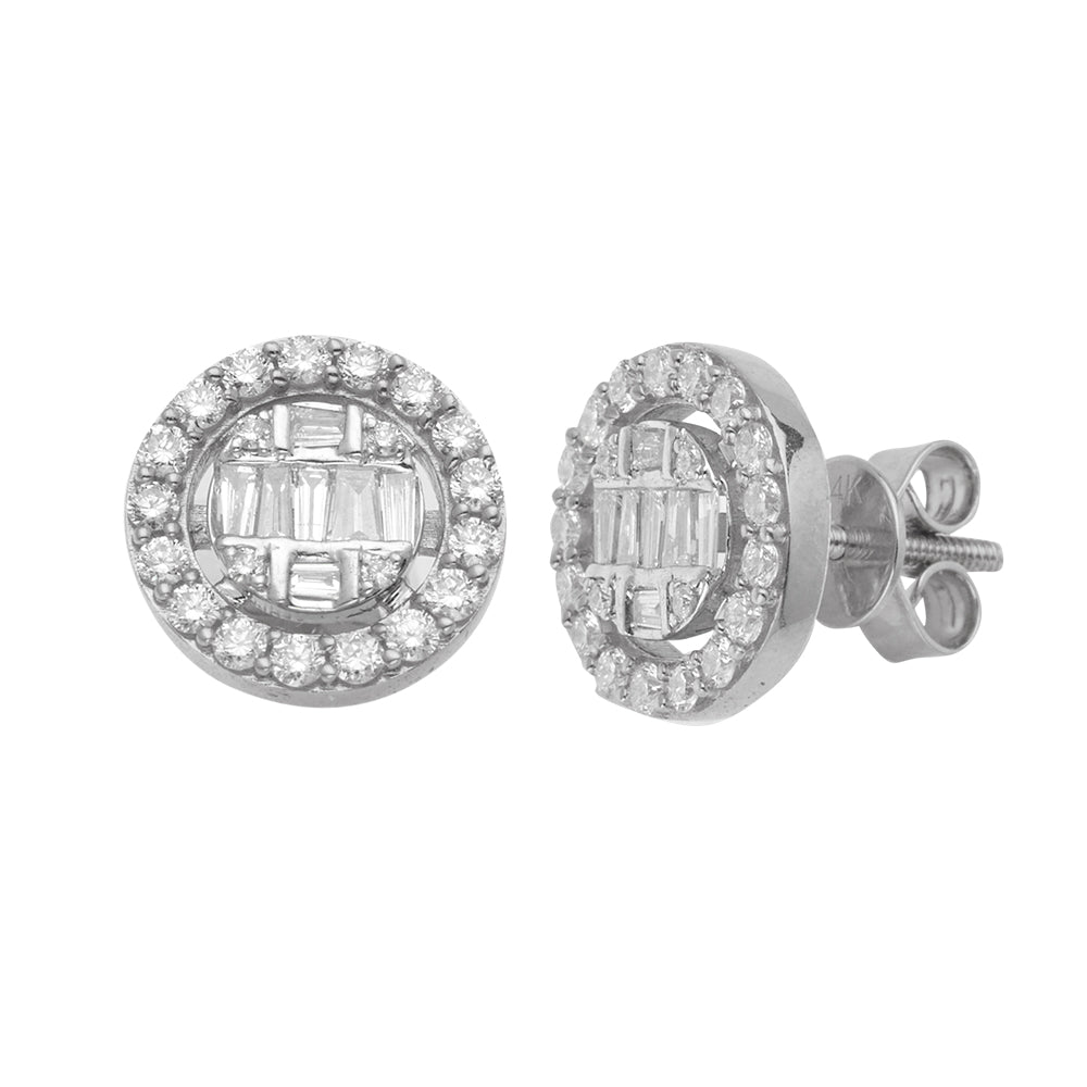 14KW 1.05CTW BAGUETTE DIAMOND ROUND CLUSTER STUD