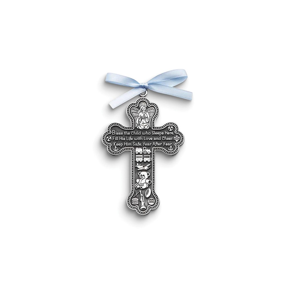 Silver-tone  Blue Ribbon Bless This Child Crib Cross