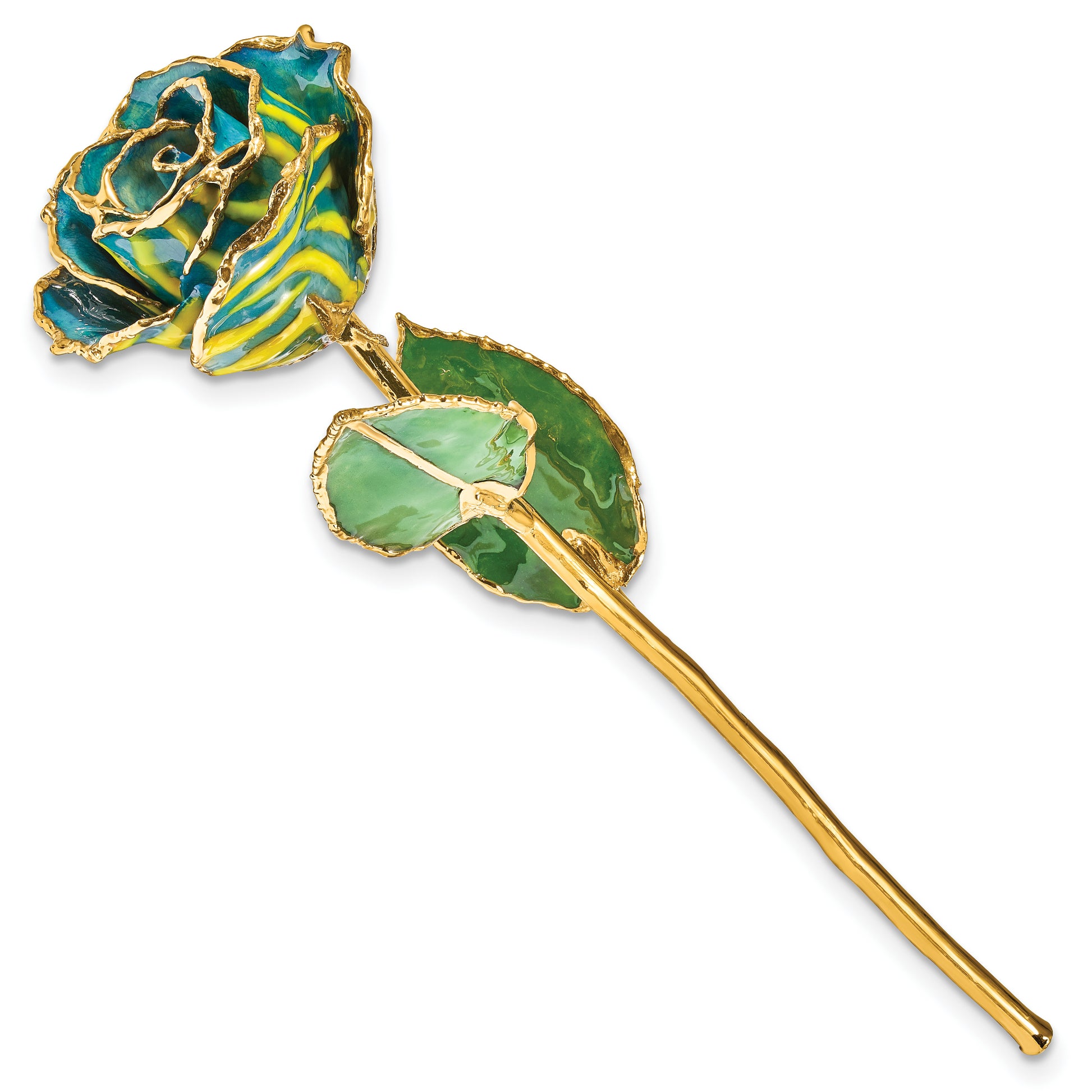 Lacquer Dipped Gold Trim Yellow and Blue Zebra Rose