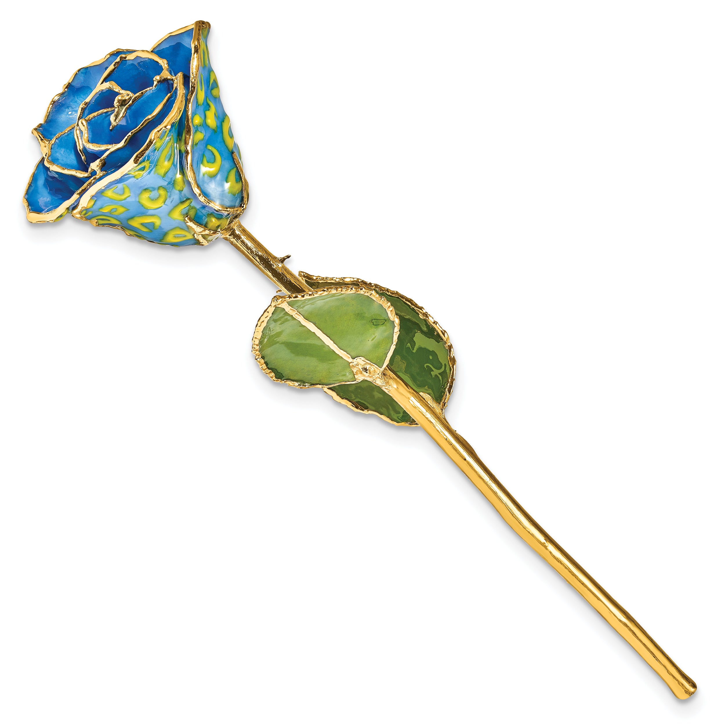 Lacquer Dipped Gold Trim Yellow and Blue Leopard Rose