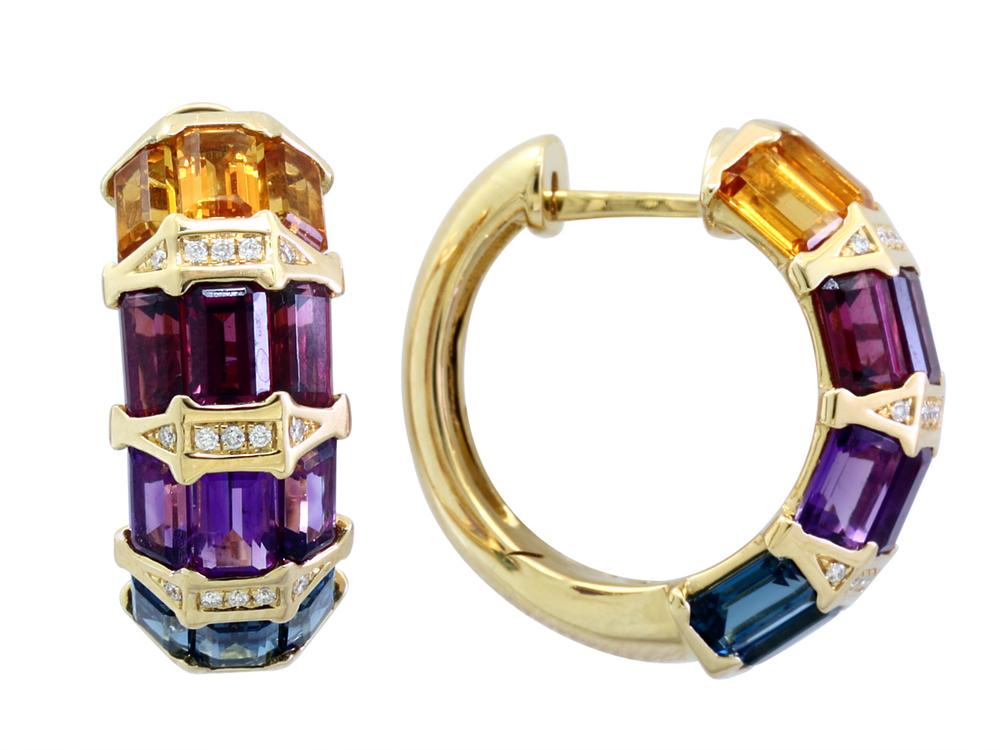 EFFY 14K YELLOW GOLD DIAMOND,AMETHYST,LONDON BLUE TOPAZ,CITRINE,RHODOLITE EARRINGS