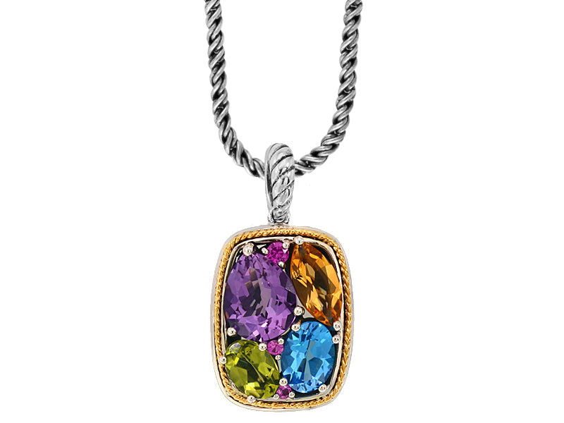 EFFY 925 STERLING SILVER/18K YELLOW GOLD ,AMETHYST,BLUE TOPAZ,CITRINE,PERIDOT,PINK SAPPHIRE PENDANT