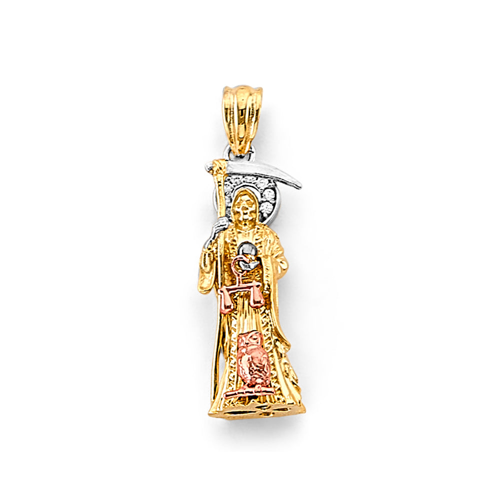 14K Tri-Color Gold CZ 3D Santa Muerte Pendant