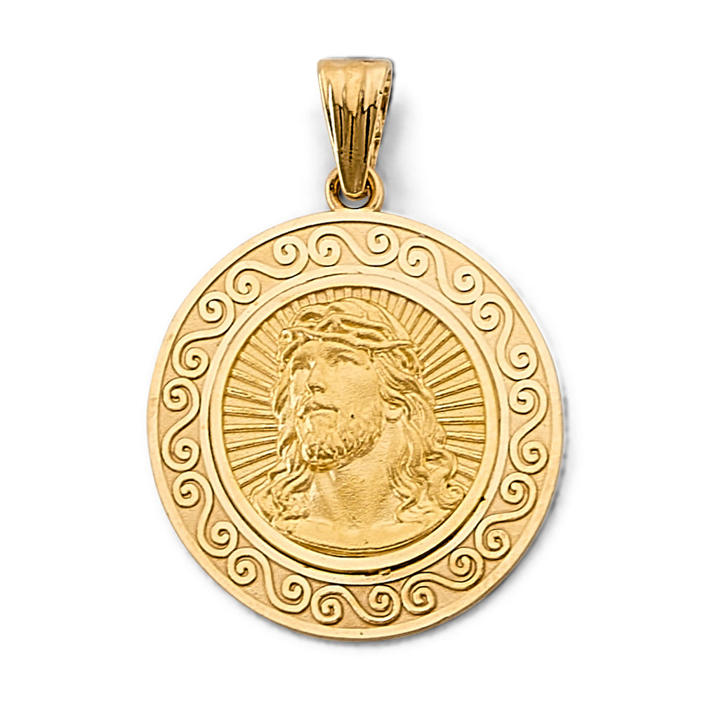 14K Yellow Gold Round Jesus Pendant with Scroll Border