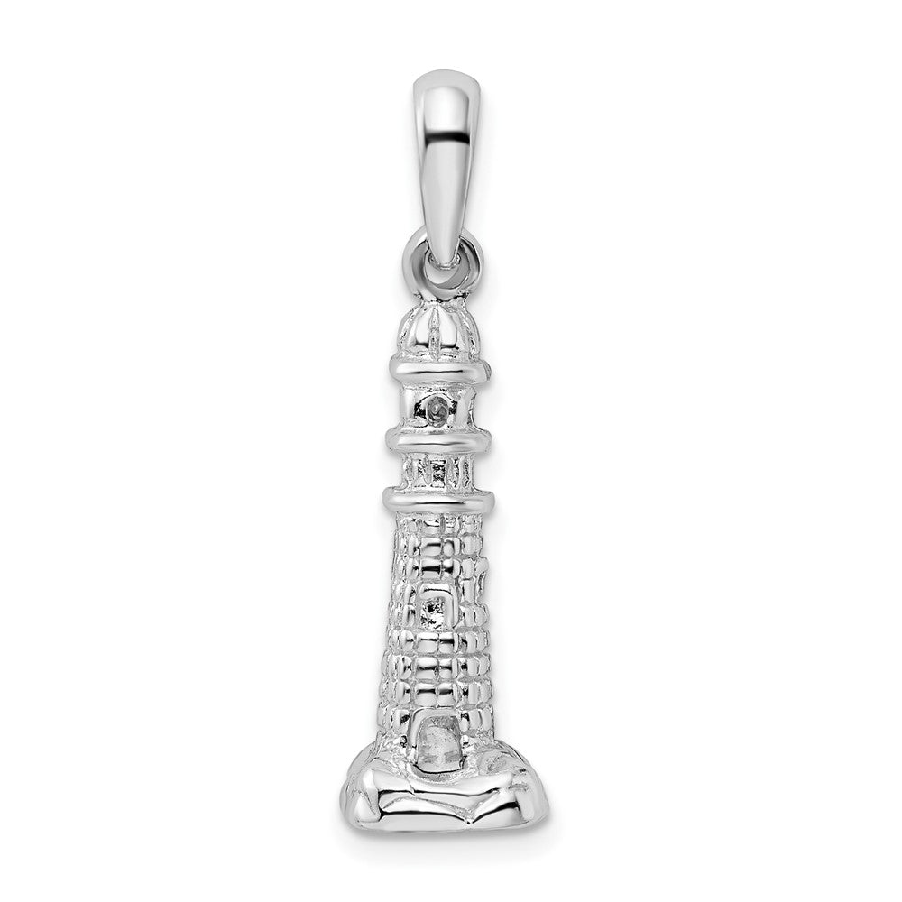 Sterling Silver Rhodium-plated Polished/Textured 3D Lighthouse Pendant