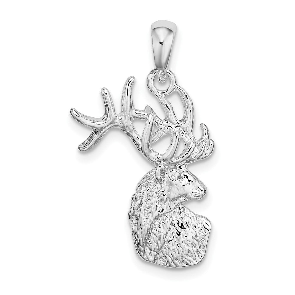 Sterling Silver Rhodium-plated Polished/Textured Deer Head Pendant