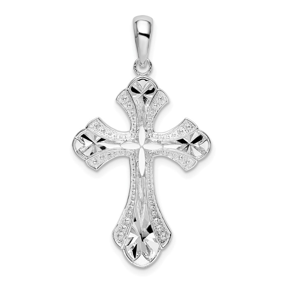 Sterling Silver Rhodium-plated Diamond-cut Fleur de Lis Cross Pendant