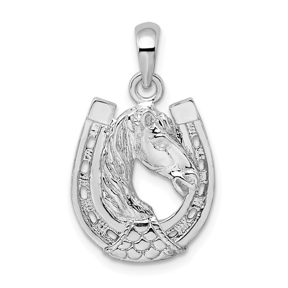 Sterling Silver Rhod-plated Polished Horse Head in Horseshoe Pendant