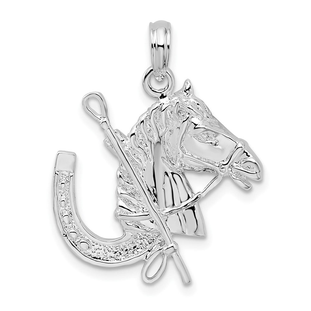 Sterling Silver Rhod-plated Horse Head w/Crop and Horseshoe Pendant