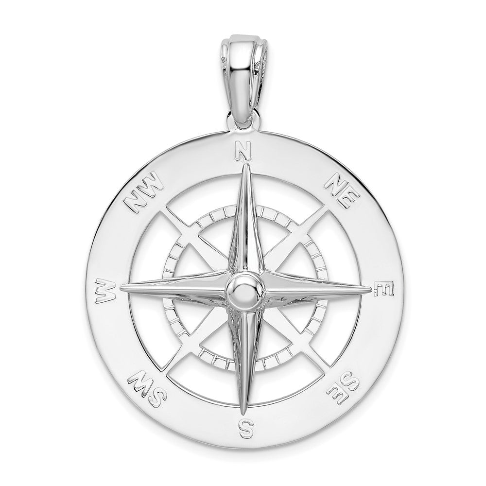 Sterling Silver Rhodium-plated Polished Large Nautical Compass Pendant