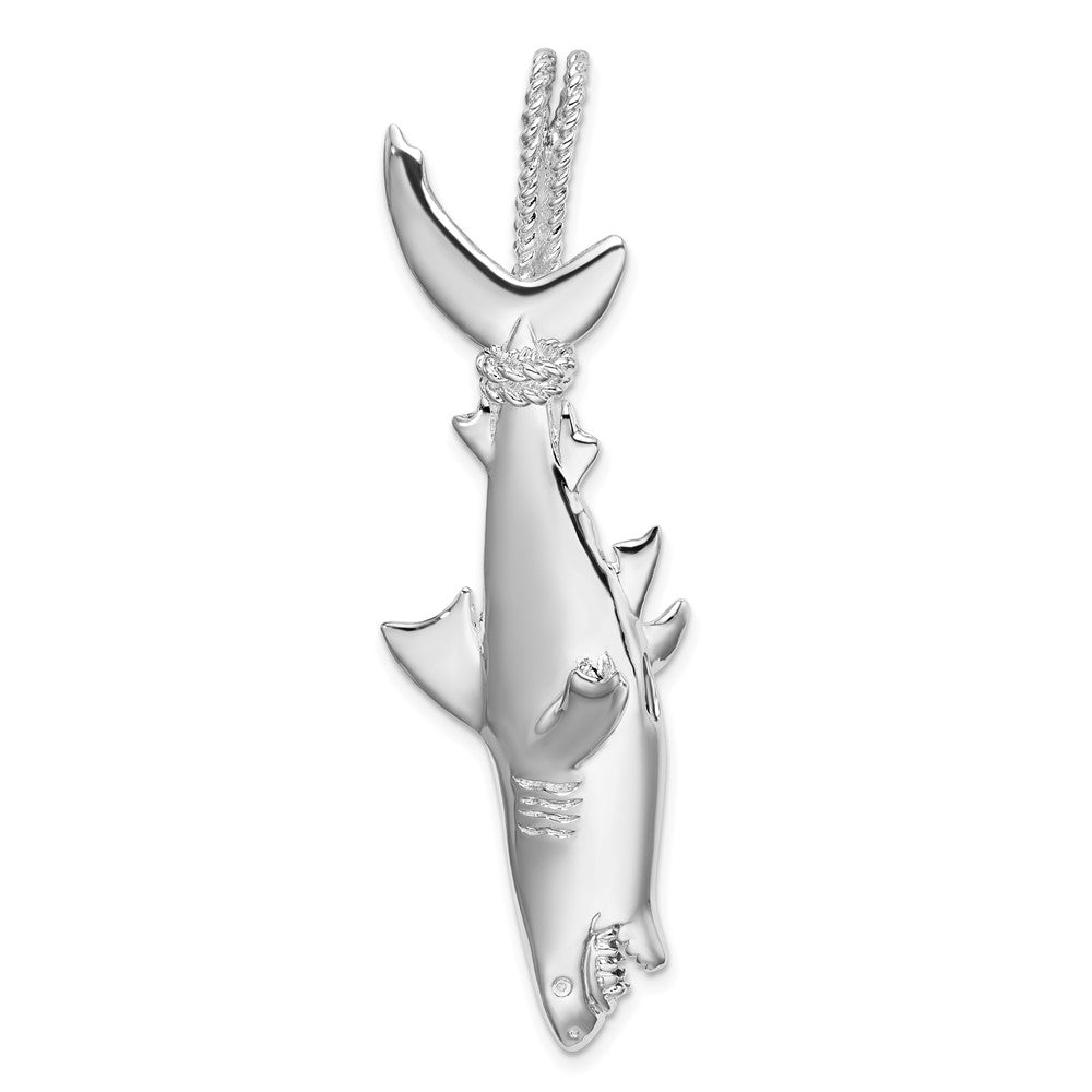 Sterling Silver Rhod-plated Polished 3D Shark Hanging from Rope Pendant