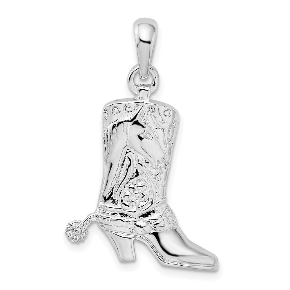 Sterling Silver Rhod-plated Polished 3D Cowboy Boot w/Spur Pendant