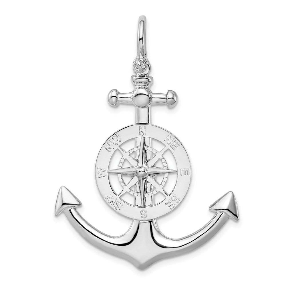 Sterling Silver Rhodium-plated Polished 3D Lg Anchor w/Compass Pendant