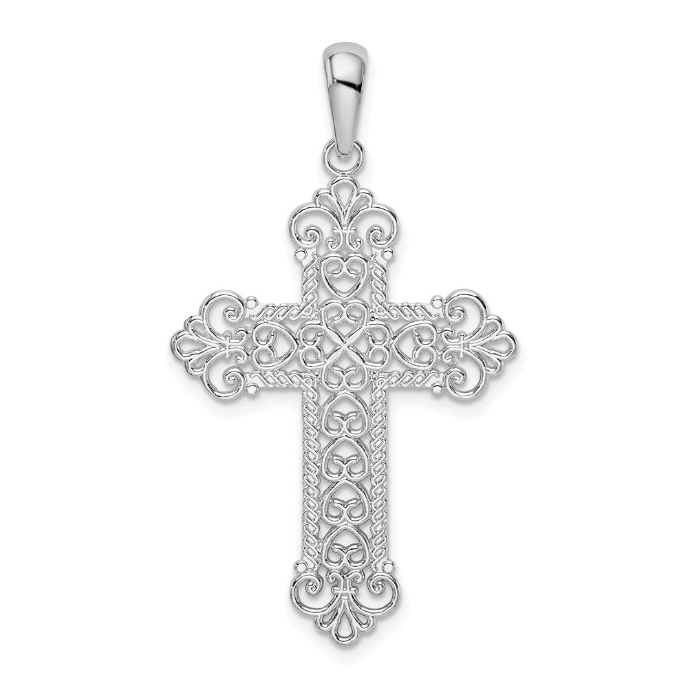 Sterling Silver Rhodium-plated Polish Filigree Fleur de Lis Cross Pendant