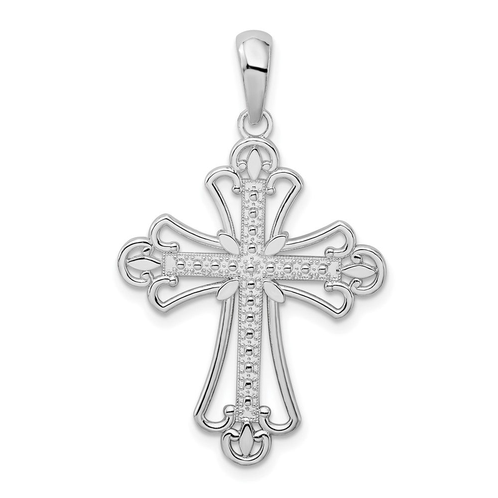 Sterling Silver Polished Beaded Fleur de Lis Cross Pendant