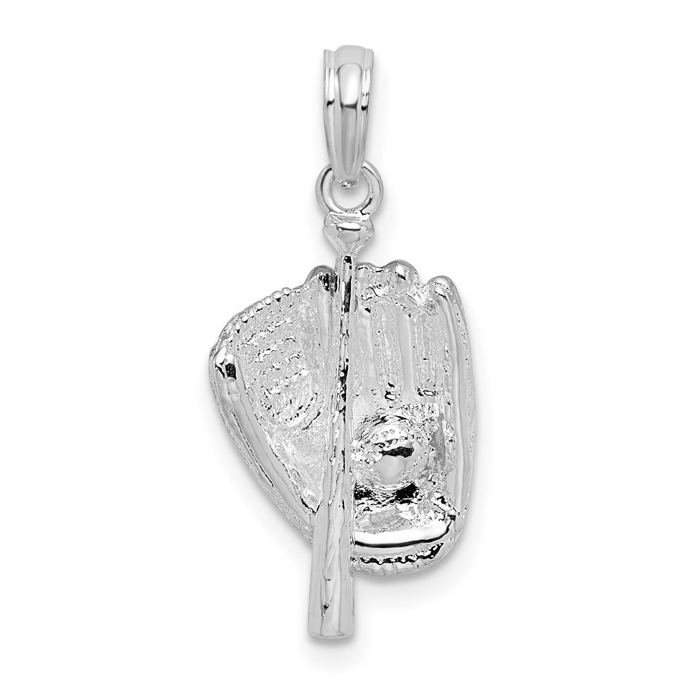 Sterling Silver Rhodium-plated Polished 3D Baseball/Bat/Glove Pendant