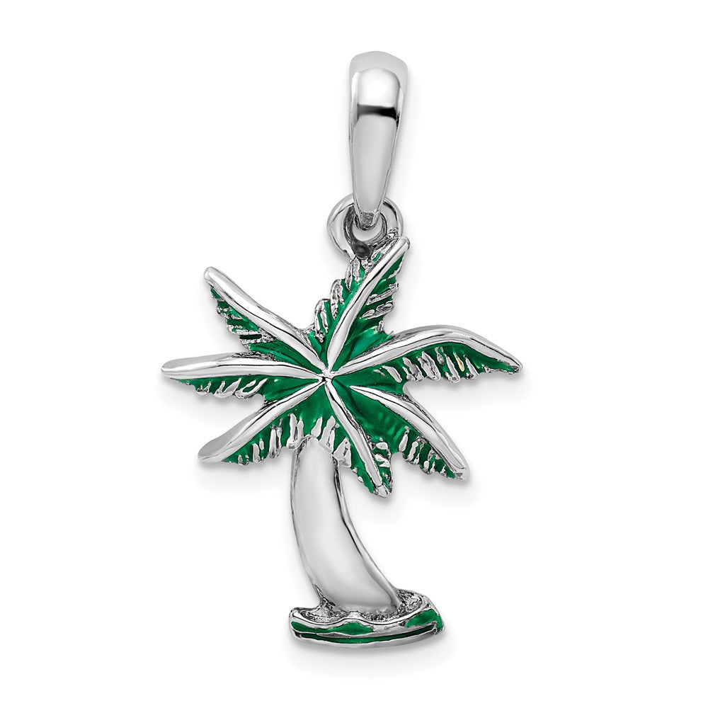 Sterling Silver Rhodium-plated Polished Enameled Palm Tree Pendant
