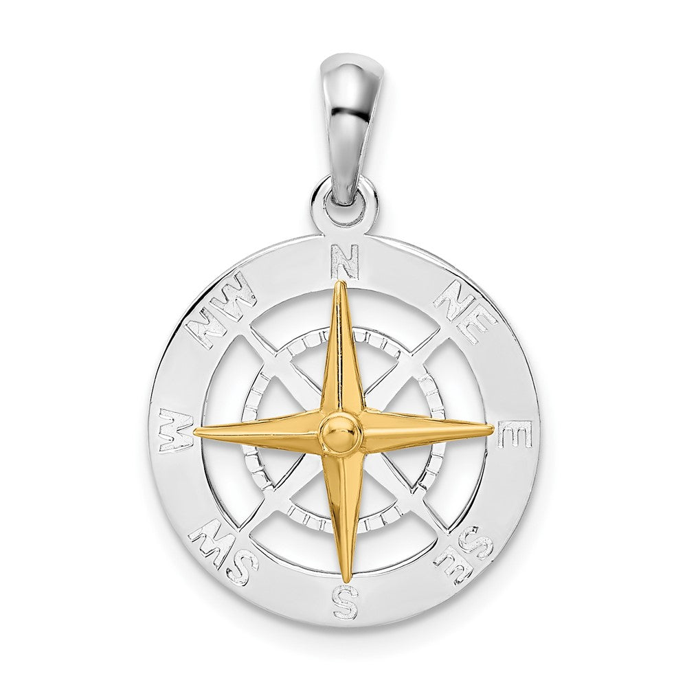 Sterling Silver Rhodium-plated Small Compass w/14k Needle Pendant