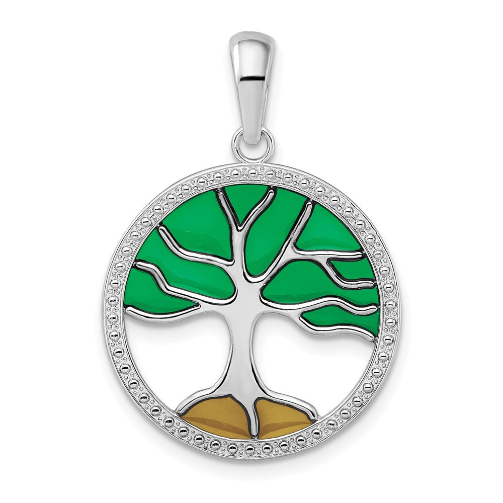 Sterling Silver Rhodium-plated Polished Enameled Tree of Life Pendant