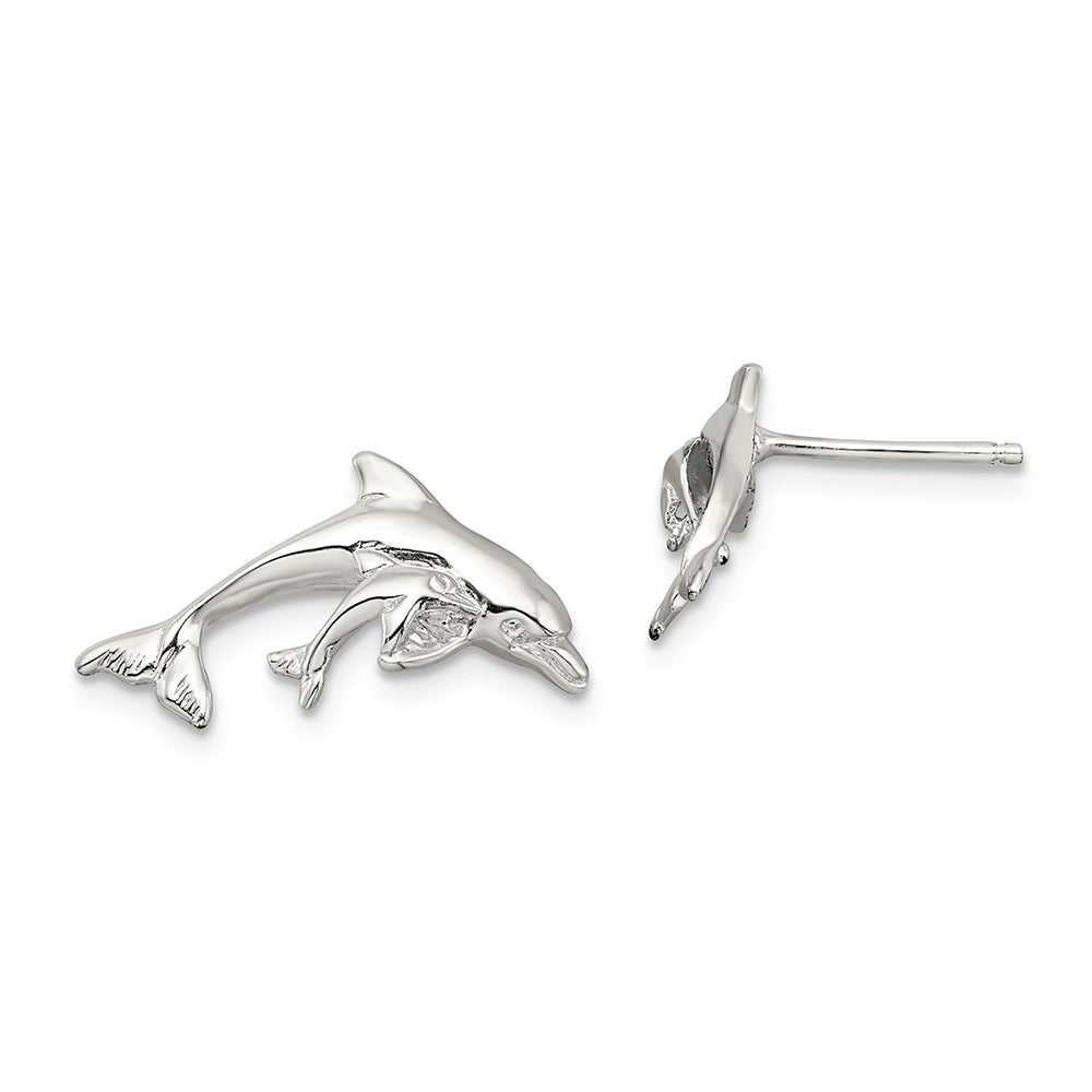 Sterling Silver Rhodium-plated Polished Dolphin and Baby Post Earrings