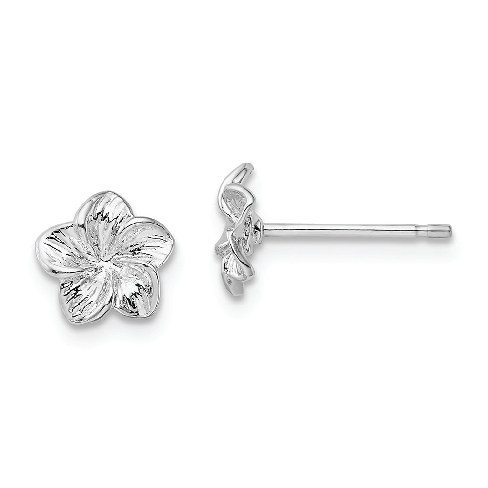 Sterling Silver Rhodium-plated Polished Plumeria Flower Post Earrings