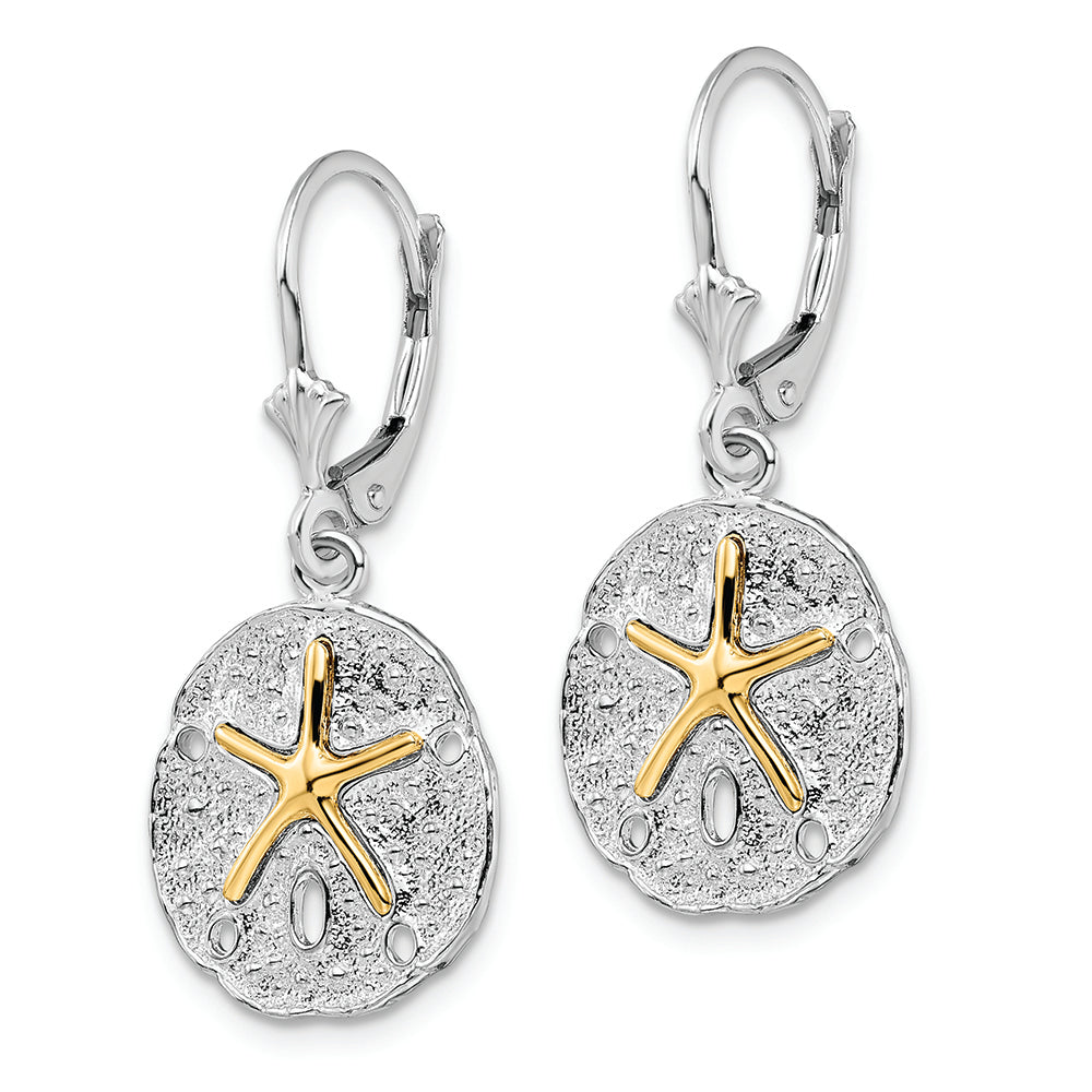 Sterling Silver Rhod-plated Sand Dollar w/14k Starfish Leverback Earrings