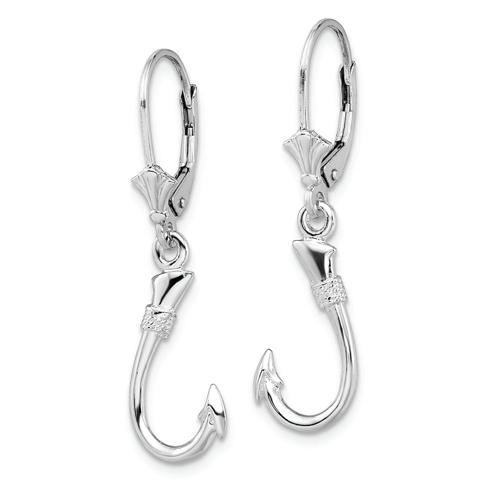 Sterling Silver Rhodium-plated Polished 3D Fish Hook Leverback Earrings