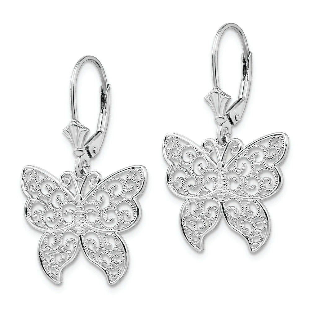 Sterling Silver Rhod-plated Polished Filigree Butterfly Leverback Earrings