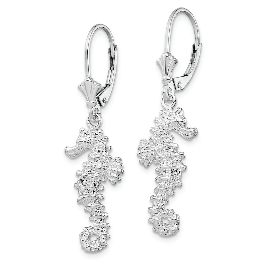 Sterling Silver Rhodium-plated Polished 3D Seahorse Leverback Earrings